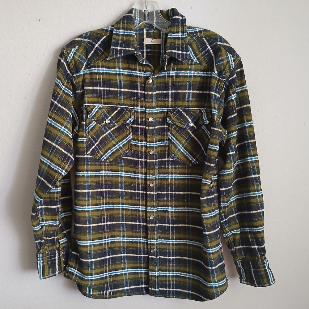 Ascend Flannel Shirt Olive Plaid Long Sleeve Pearl Snap Size Small Western